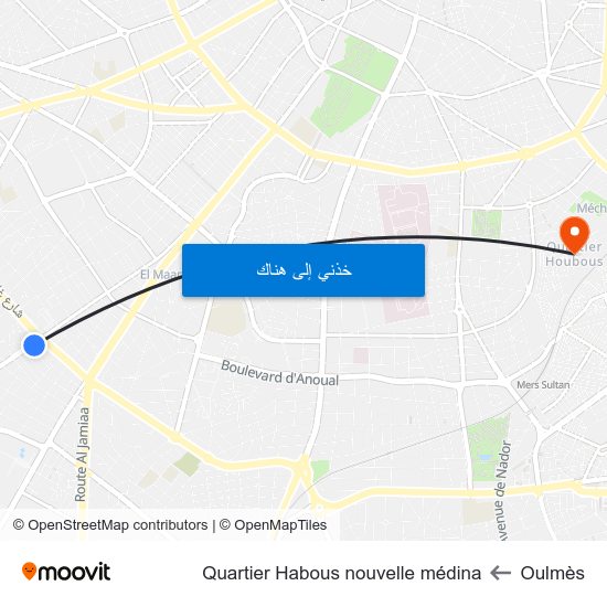Oulmès to Quartier Habous nouvelle médina map