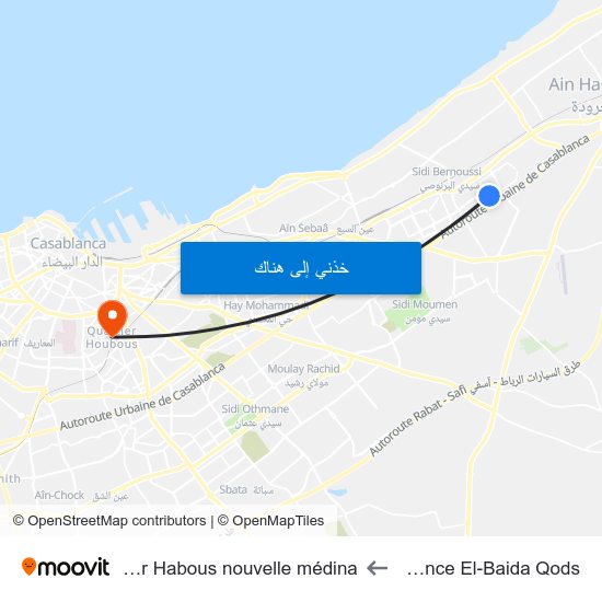Résidence El-Baida Qods to Quartier Habous nouvelle médina map