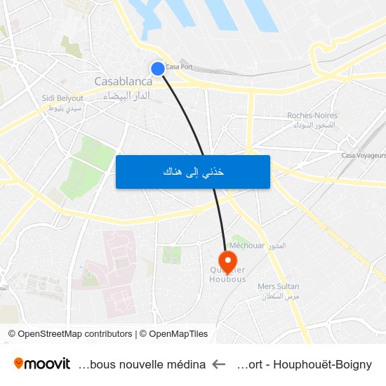 Gare Casa-Port - Houphouët-Boigny to Quartier Habous nouvelle médina map