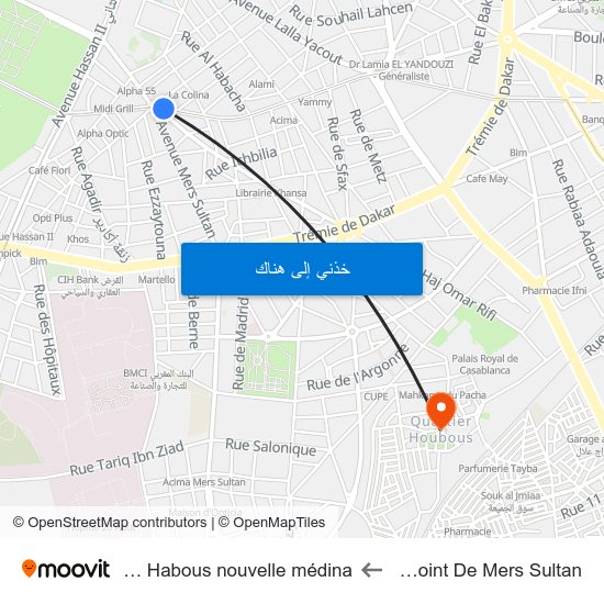 Rond-Point De Mers Sultan to Quartier Habous nouvelle médina map