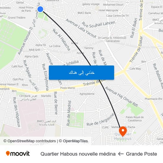 Grande Poste to Quartier Habous nouvelle médina map