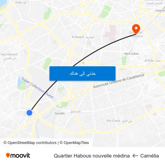 Camélia to Quartier Habous nouvelle médina map