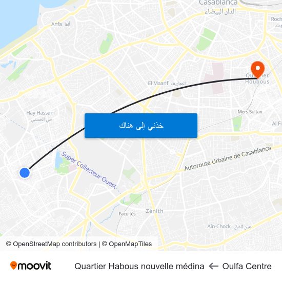 Oulfa Centre to Quartier Habous nouvelle médina map