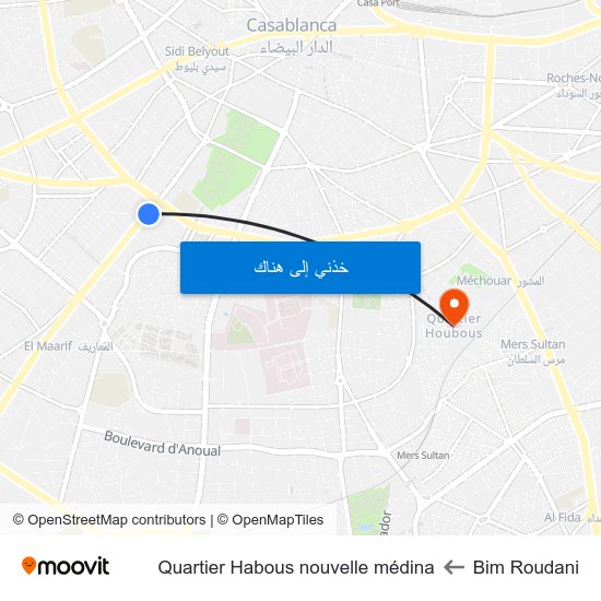 Bim Roudani to Quartier Habous nouvelle médina map