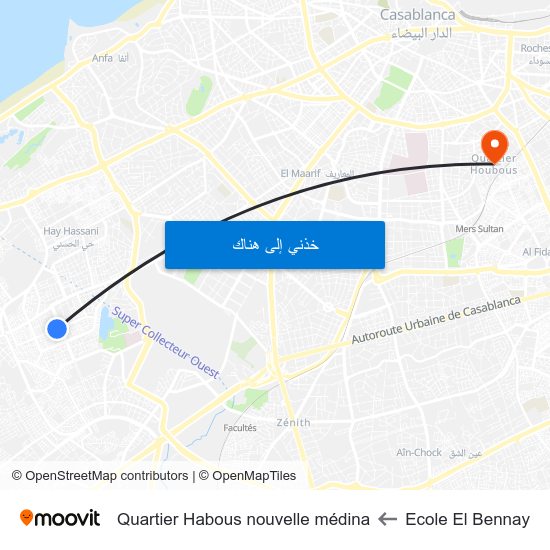 Ecole El Bennay to Quartier Habous nouvelle médina map