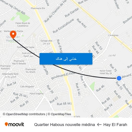 Hay El Farah to Quartier Habous nouvelle médina map