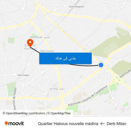 Derb Milan to Quartier Habous nouvelle médina map