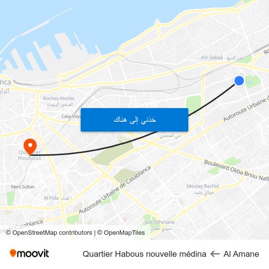 Al Amane to Quartier Habous nouvelle médina map