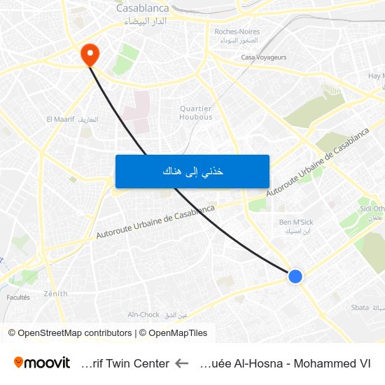 Mosquée Al-Hosna - Mohammed VI to Maarif Twin Center map