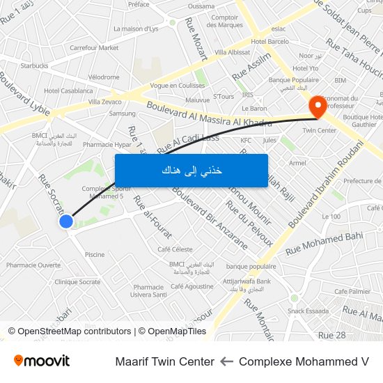 Complexe Mohammed V to Maarif Twin Center map
