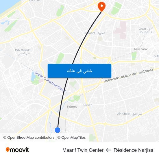 Résidence Narjiss to Maarif Twin Center map