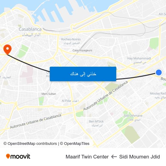 Sidi Moumen Jdid to Maarif Twin Center map