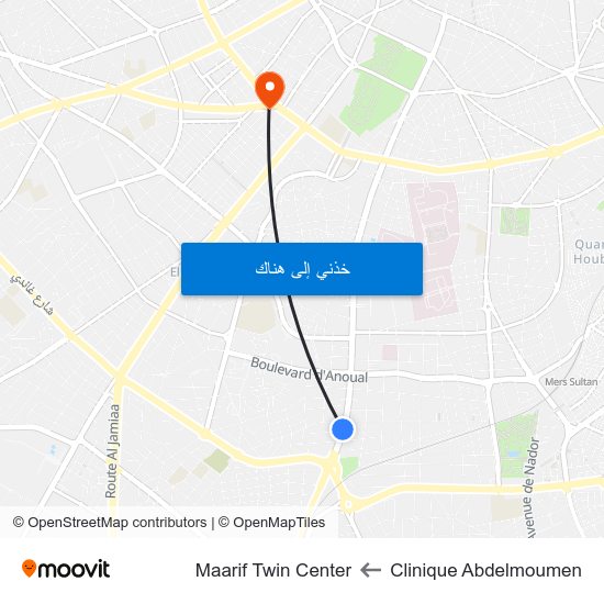 Clinique Abdelmoumen to Maarif Twin Center map