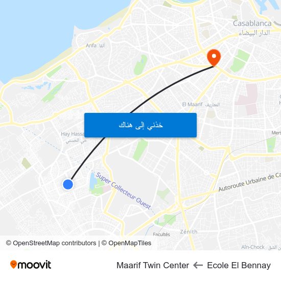 Ecole El Bennay to Maarif Twin Center map