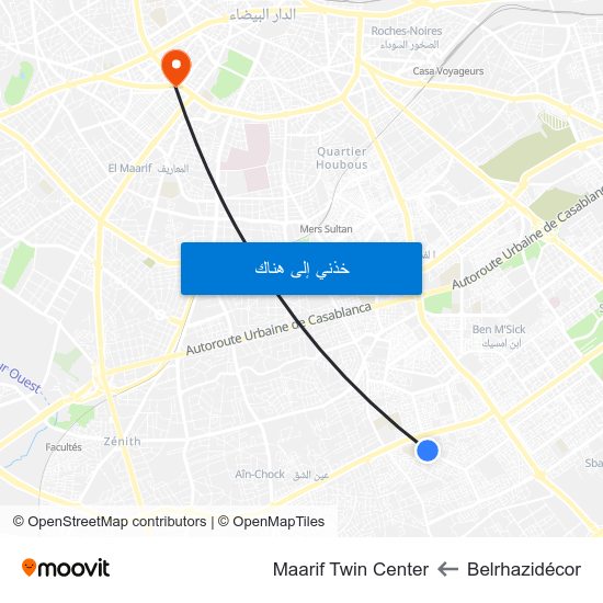 Belrhazidécor to Maarif Twin Center map