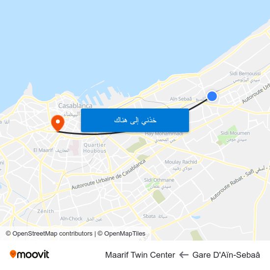 Gare D'Aïn-Sebaâ to Maarif Twin Center map
