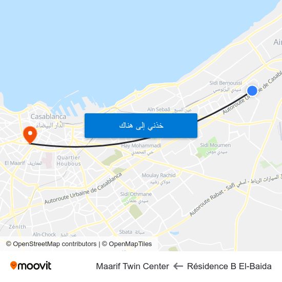 Résidence B El-Baida to Maarif Twin Center map