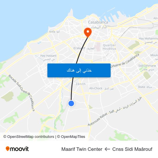 Cnss Sidi Maârouf to Maarif Twin Center map