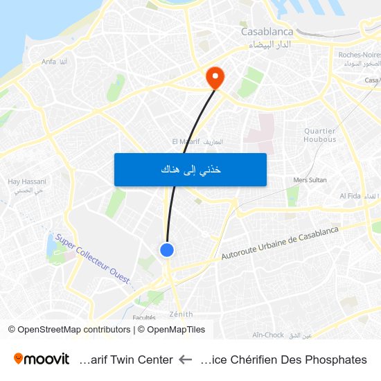 Office Chérifien Des Phosphates to Maarif Twin Center map