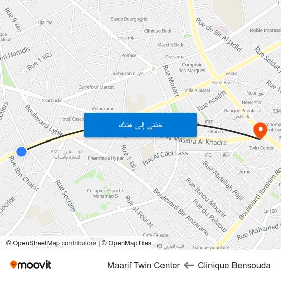 Clinique Bensouda to Maarif Twin Center map