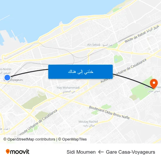 Gare Casa-Voyageurs to Sidi Moumen map