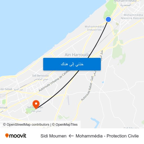 Mohammédia - Protection Civile to Sidi Moumen map