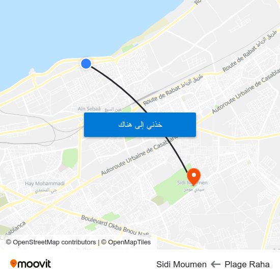 Plage Raha to Sidi Moumen map