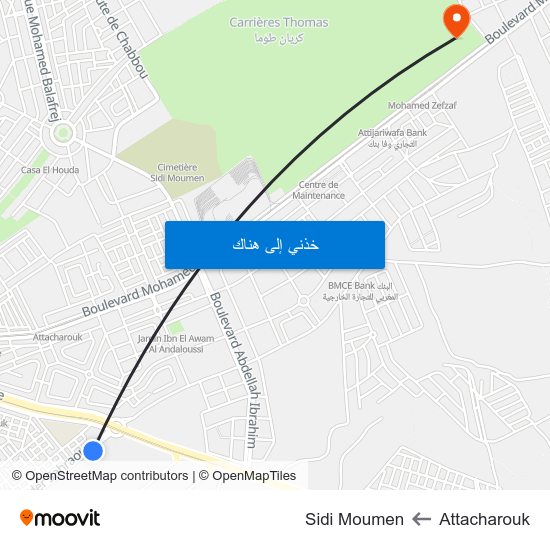 Attacharouk to Sidi Moumen map