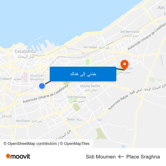 Place Sraghna to Sidi Moumen map