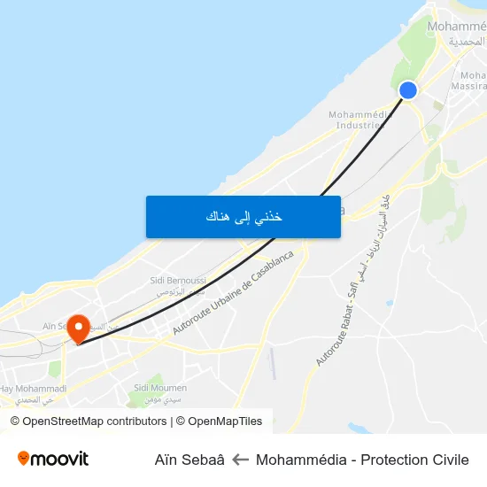 Mohammédia - Protection Civile to Aïn Sebaâ map
