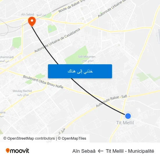 Tit Mellil - Municipalité to Aïn Sebaâ map