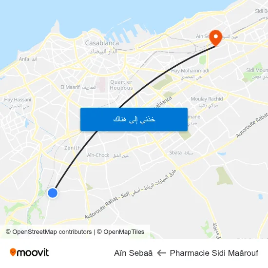 Pharmacie Sidi Maârouf to Aïn Sebaâ map