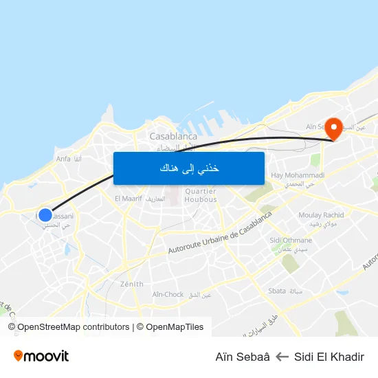 Sidi El Khadir to Aïn Sebaâ map