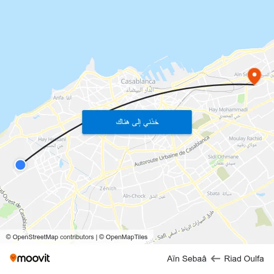 Riad Oulfa to Aïn Sebaâ map