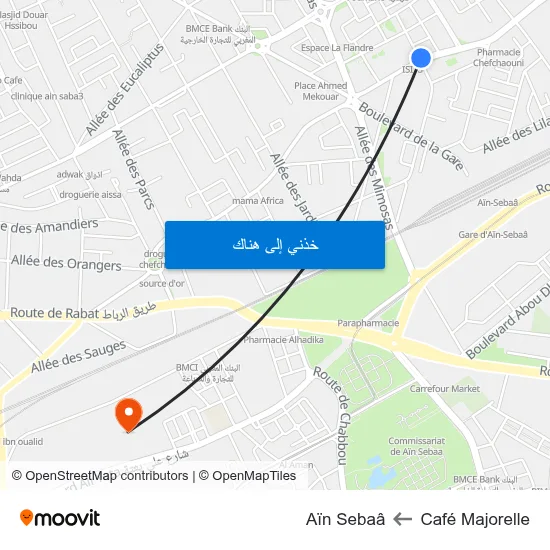 Café Majorelle to Aïn Sebaâ map