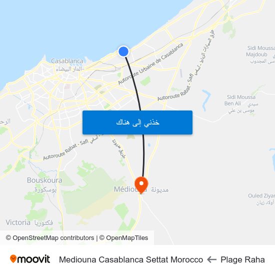 Plage Raha to Mediouna Casablanca Settat Morocco map