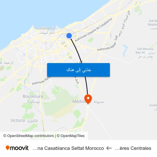 Carrières Centrales to Mediouna Casablanca Settat Morocco map