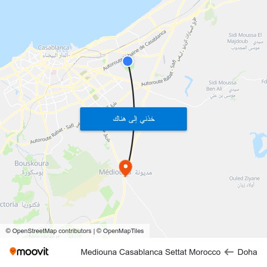Doha to Mediouna Casablanca Settat Morocco map
