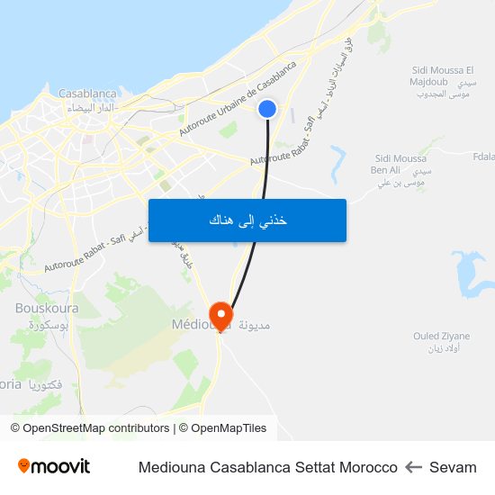 Sevam to Mediouna Casablanca Settat Morocco map