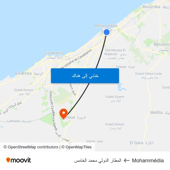 Mohammédia to المطار الدولي محمد الخامس map
