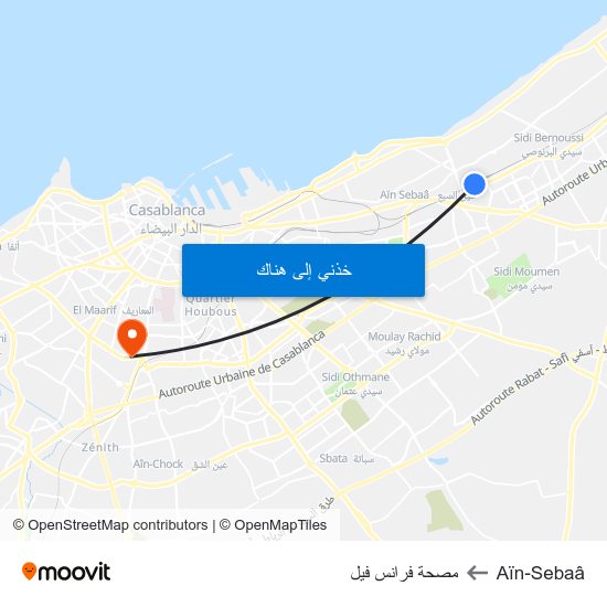 Aïn-Sebaâ to مصحة فرانس فيل map