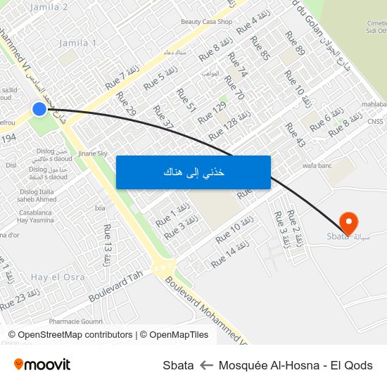Mosquée Al-Hosna - El Qods to Sbata map