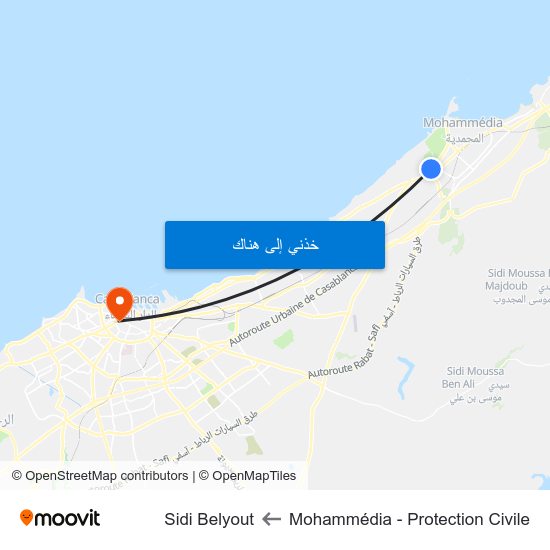 Mohammédia - Protection Civile to Sidi Belyout map
