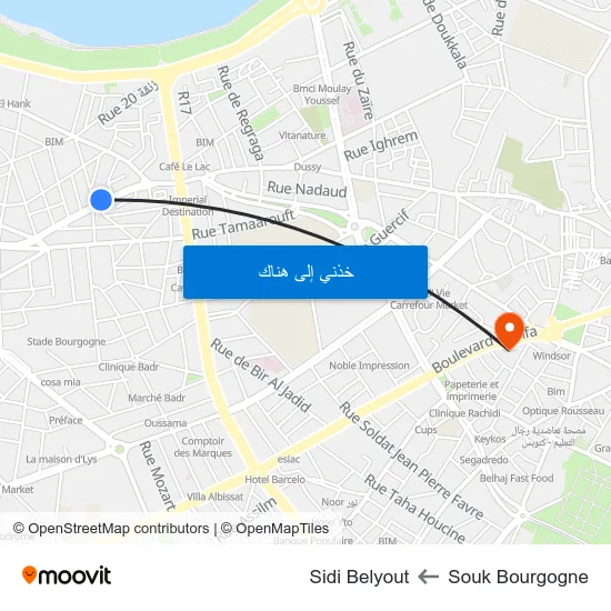 Souk Bourgogne to Sidi Belyout map