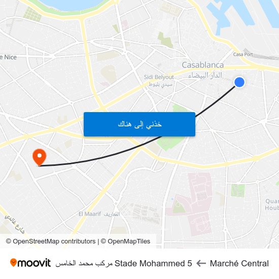 Marché Central to Stade Mohammed 5 مركب محمد الخامس map