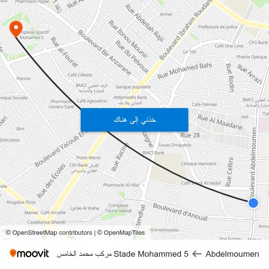 Abdelmoumen to Stade Mohammed 5 مركب محمد الخامس map