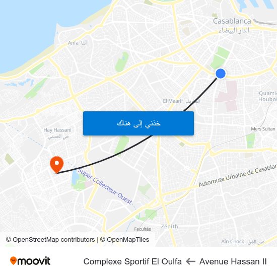 Avenue Hassan II to Complexe Sportif El Oulfa map