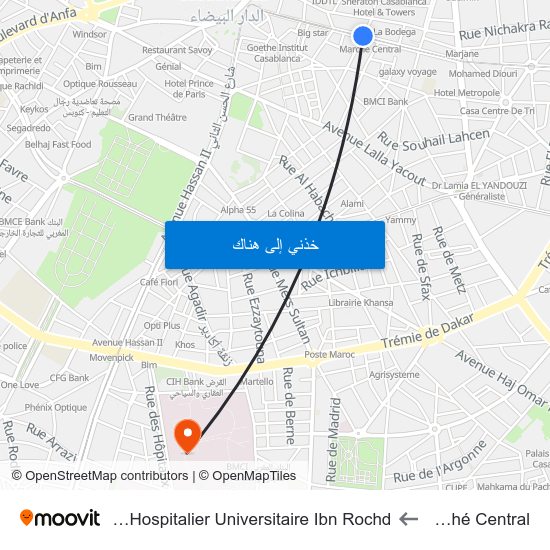 Marché Central to Centre Hospitalier Universitaire Ibn Rochd map