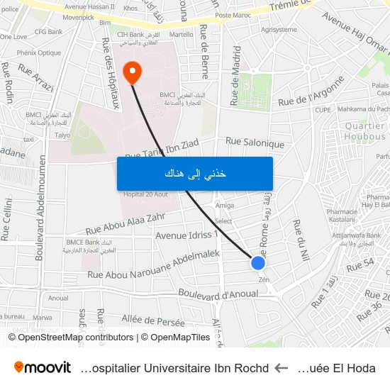 Mosquée El Hoda to Centre Hospitalier Universitaire Ibn Rochd map