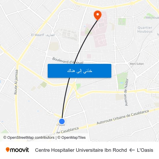 L'Oasis to Centre Hospitalier Universitaire Ibn Rochd map